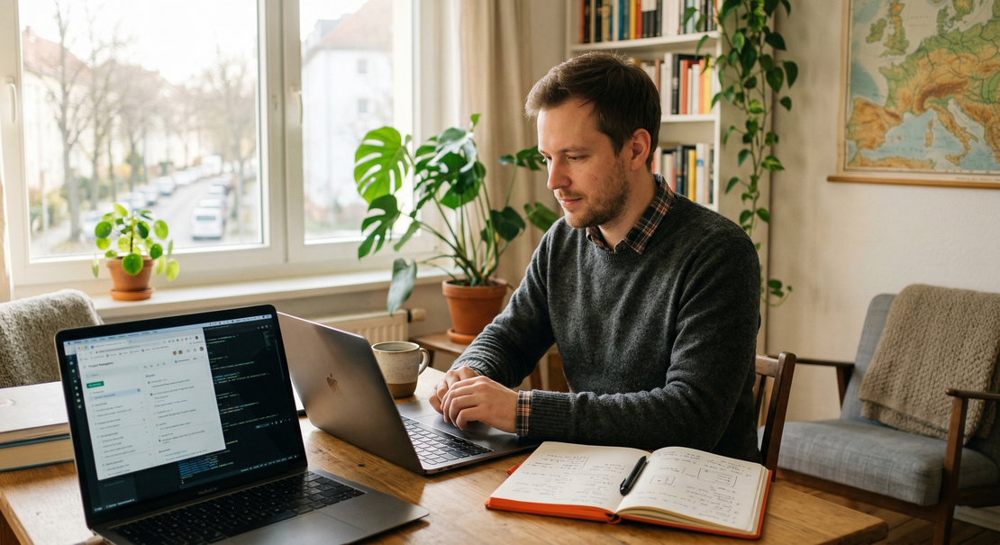 Entwickler arbeitet konzentriert im Homeoffice am Laptop