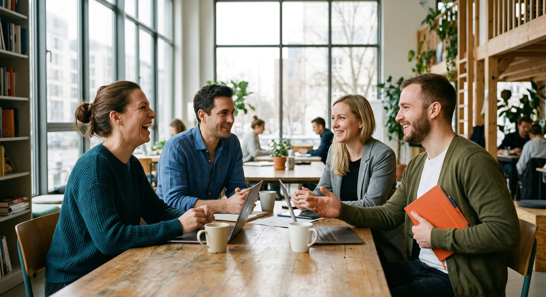 IT42morrow-Team beim gemeinsamen Austausch in einem modernen Co-Working-Space